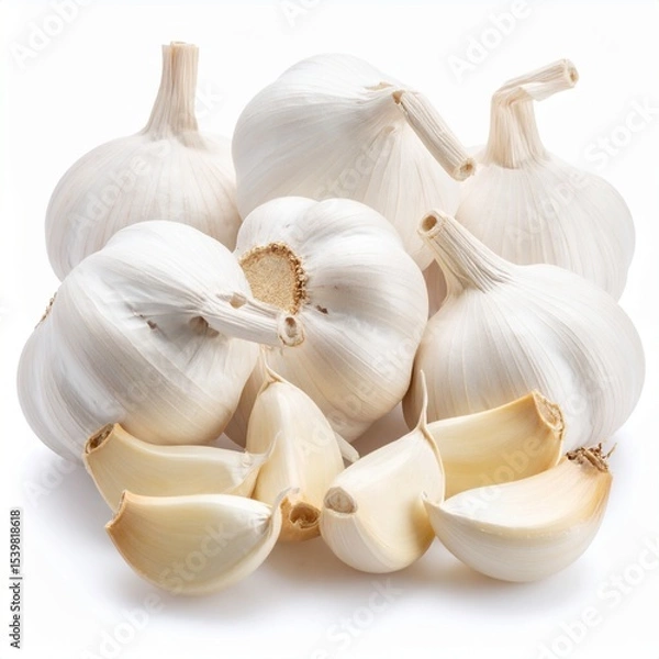 Fototapeta Pile of Unpeeled Garlic Cloves on White Background