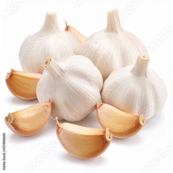 Fototapeta Pile of Unpeeled Garlic Cloves on White Background