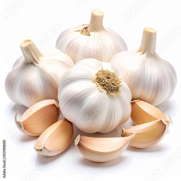Fototapeta Pile of Unpeeled Garlic Cloves on White Background