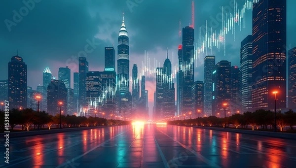 Obraz Dynamic energy growing of stock market shown by futuristic skyline with rising holographic lines. AI-Generated!