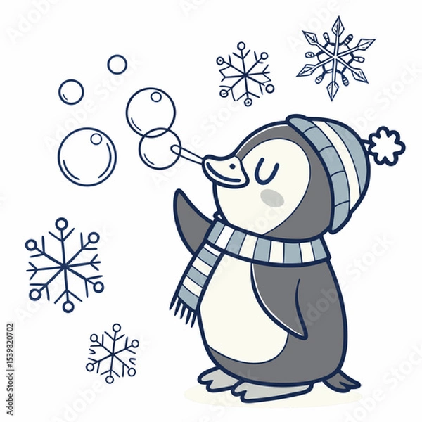 Fototapeta Cute Loving Penguin, accessorized with blowing bubbles, in a Cozy winter world – Frosty Winter palette vector