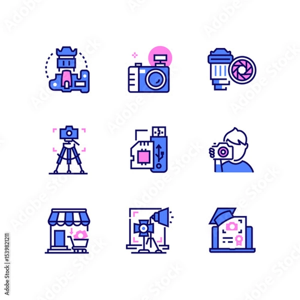 Fototapeta Photo studio services - line art style icons set