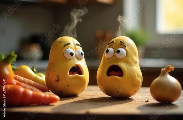 Obraz Two potatoes with big eyes and steam coming from them, looking shocked or surprised, surrounded by vegetables on the kitchen table