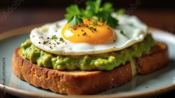 Obraz Close-up of toast with guacamole and fried egg on a light plate