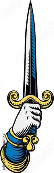 Fototapeta A hand holding a sword or dagger medieval weapon design illustration in a vintage woodcut retro tattoo style