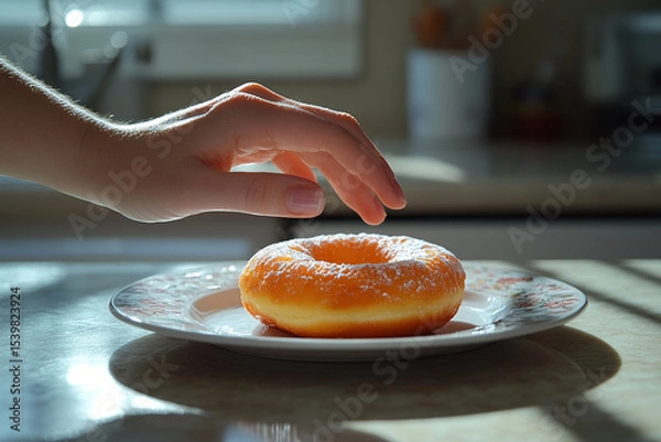 Fototapeta A woman's hand reaches for an appetizing donut on a plate. Diet concept.