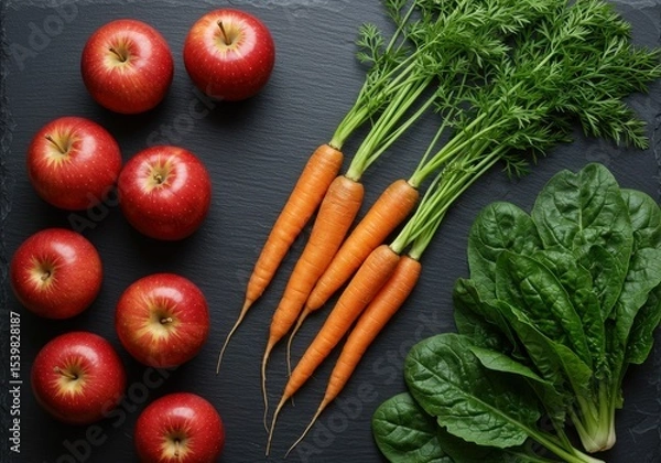 Fototapeta Red Apples Fresh Carrots and Spinach on Dark Slate.