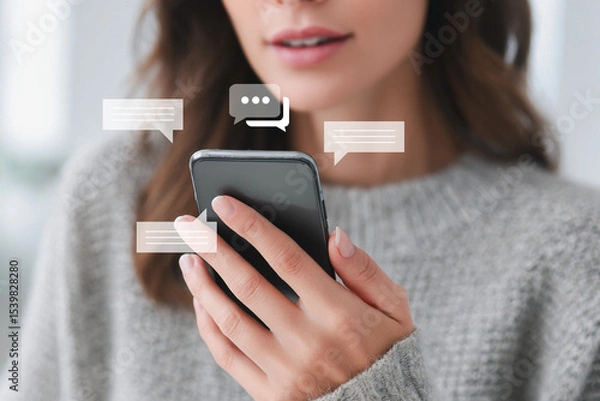Fototapeta Woman using smartphone with chat bubbles, messaging and communication concept.