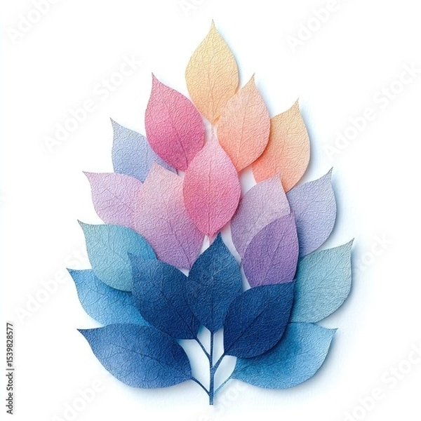 Fototapeta Pastel-hued leaves arranged in a gradient, forming a stylized branch against a white background.  The leaves appear delicate and possibly crafted from paper