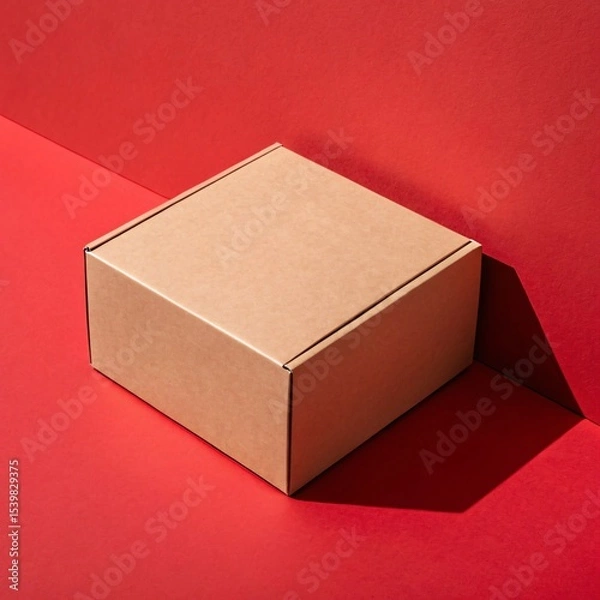 Fototapeta Minimal Brown Kraft Packaging Box Mockup on Red Background with Shadows Recyclable Eco-Friendly Mailer for Branding and Shipping Design