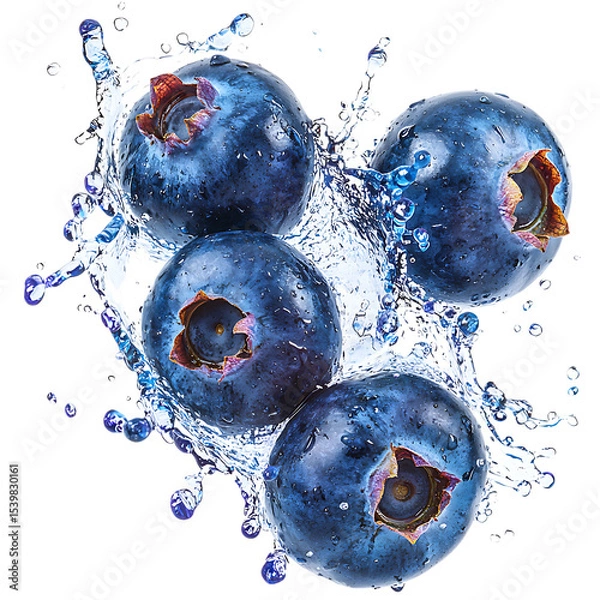 Obraz Four blueberries splashing in water isolated on white or transparent png