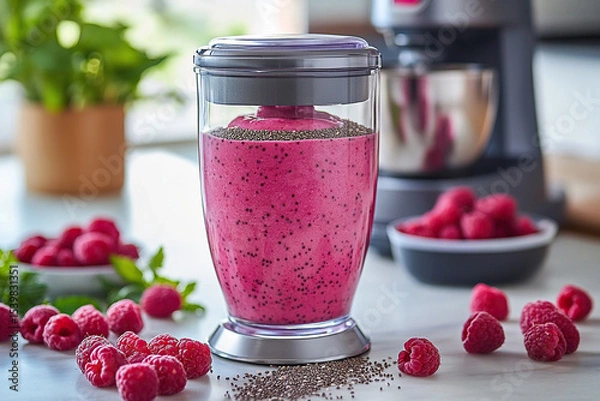 Fototapeta Making homemade yogurt with raspberries and chia seeds using a blender.