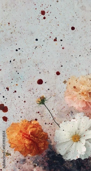 Fototapeta Pastel flowers and paint splatters on a textured background; peach, orange, and white blooms against a speckled, light grey surface