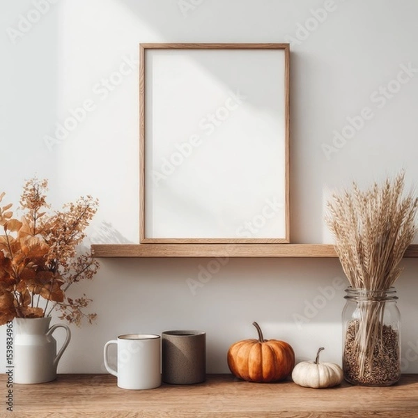 Fototapeta Minimalist autumnal scene a blank frame flanked by dried flowers and pumpkins on a wooden shelf against a white wall, bathed in sunlight