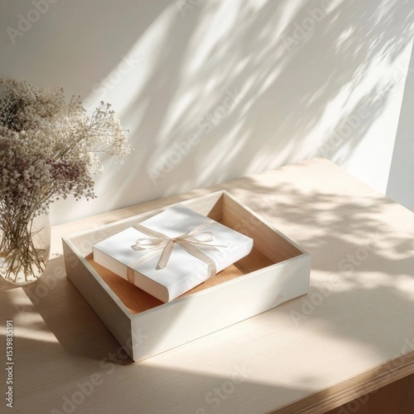 Fototapeta A light beige gift box with a beige ribbon sits inside a larger, similarly colored wooden tray on a light wood surface, bathed in soft sunlight
