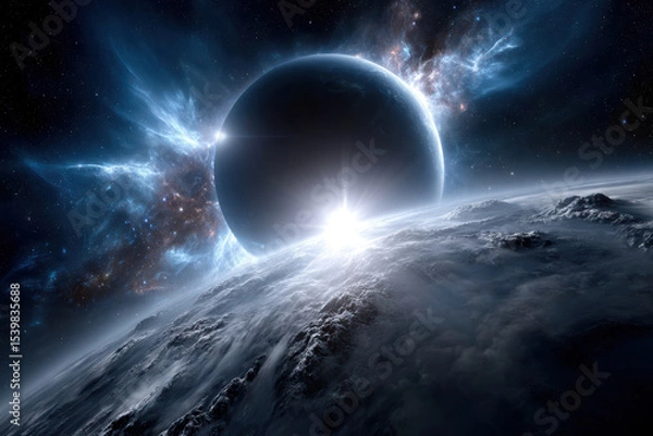 Fototapeta Stunning cosmic view of a planet illuminating the dark expanse of space at dawn