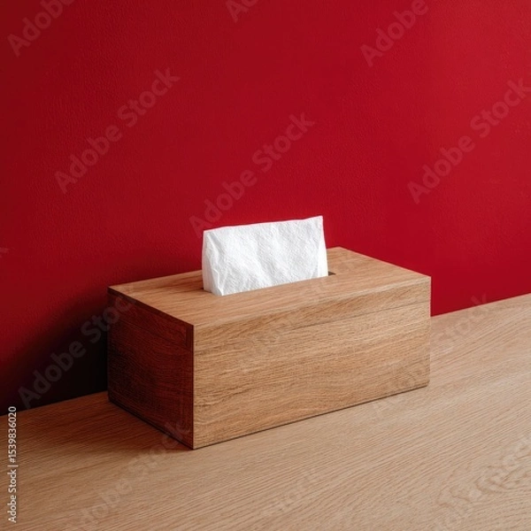 Fototapeta Light oak wood tissue box sits on light wood surface against a deep red wall.  A few tissues peek from the top opening