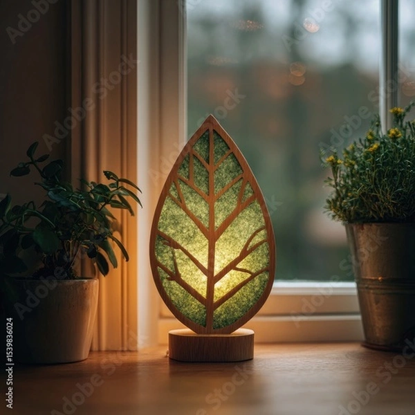 Fototapeta A leaf-shaped nightlight, illuminated from within, sits on a windowsill amongst potted plants, casting a warm glow