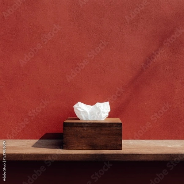 Fototapeta A rustic wooden tissue box containing a crumpled white tissue sits on a wooden shelf against a deep red wall, cast in sunlight