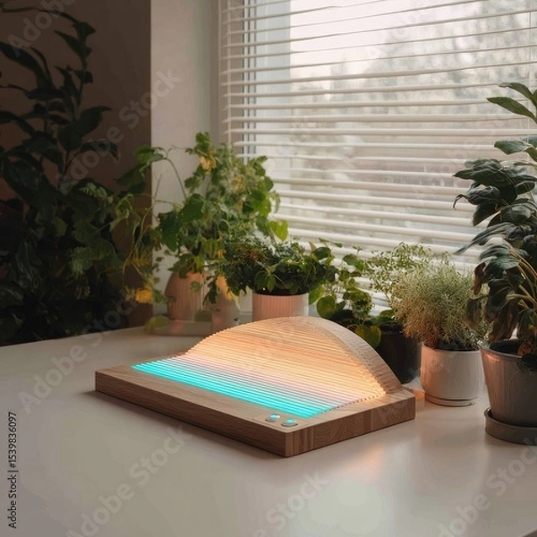 Fototapeta Wooden arched lamp with color-changing LED light base, sitting on a table amongst houseplants near a window