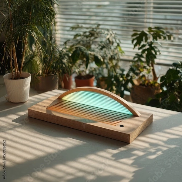 Fototapeta Wooden base supports arched light panel, emitting a gradient of pastel hues.  Surrounded by houseplants, sunlight streams through blinds