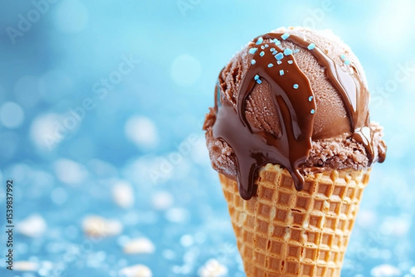Fototapeta Appetizing chocolate ice cream in a waffle cone on a blue blurred background. Generated by artificial intelligence