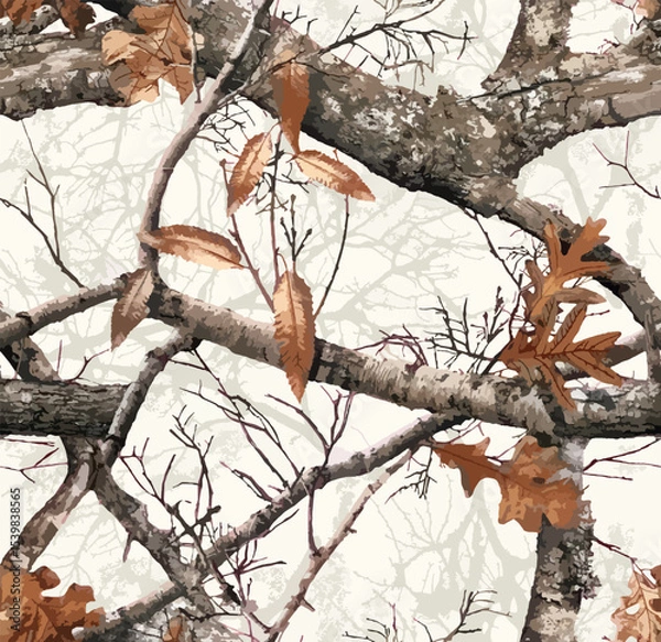 Fototapeta Realistic forest camouflage. Seamless pattern. Conifer tree, branches and leaves. Useable for hunting and military purposes.