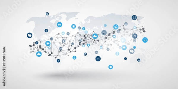 Fototapeta A vector graphic illustrating IoT and global connectivity. A world map is overlaid with a network of nodes and icons representing smart devices and services, suggesting an interconnected digital world