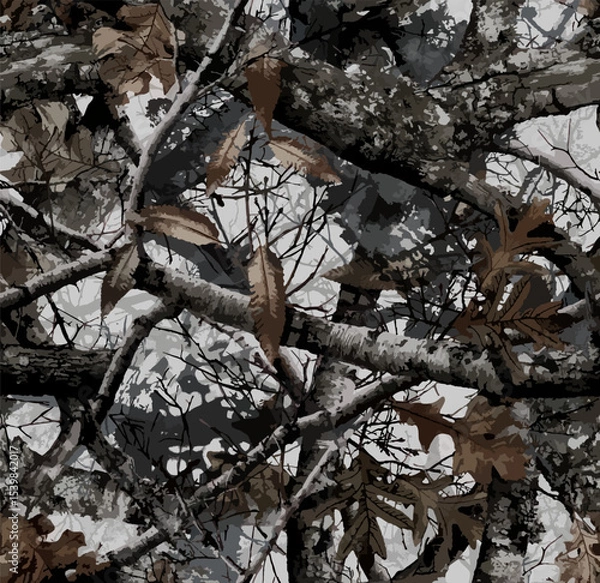 Fototapeta Realistic forest camouflage. Seamless pattern. Conifer tree, branches and leaves. Useable for hunting and military purposes.