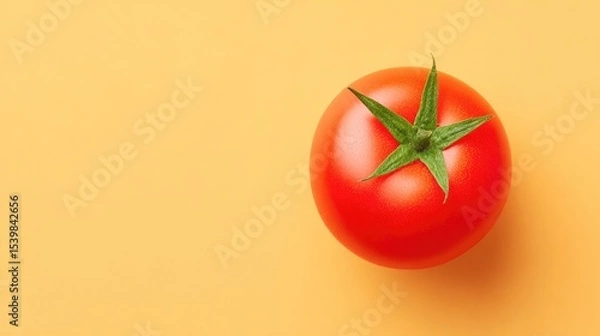 Obraz minimalistic top-down view of single ripe tomato on clean solid color background with ample copy space