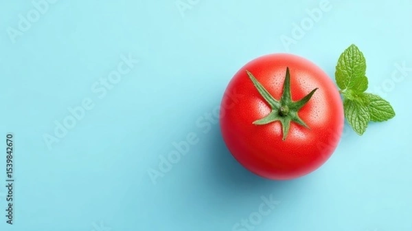 Fototapeta minimalistic top-down view of single ripe tomato on clean solid color background with ample copy space