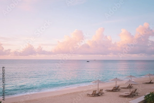Obraz minimalistic view of serene beachfront hotel resort with soft pastel-colored skies and expansive sandy beaches
