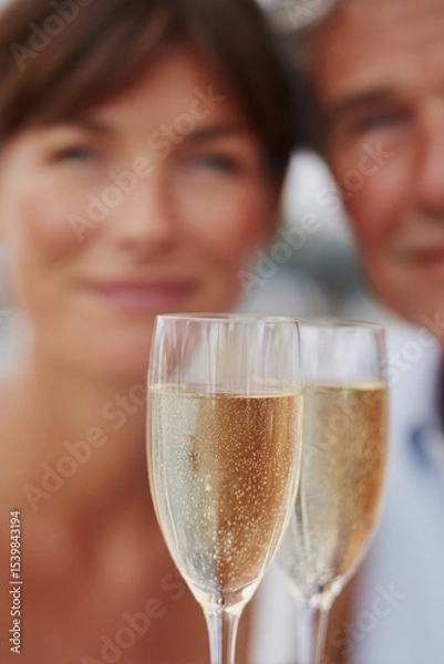 Obraz minimum decoration focus on anniversary celebration couple toasting with champagne blurred people in backdrop