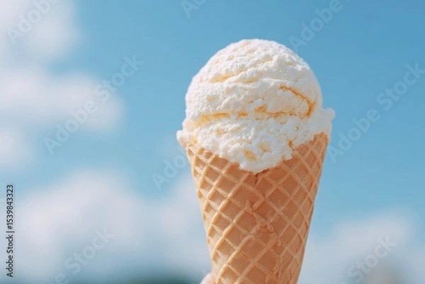 Obraz of single vibrant ice cream cone held up against bright blue sky with abundant copy space