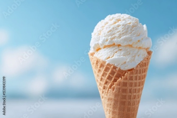 Obraz of single vibrant ice cream cone held up against bright blue sky with abundant copy space