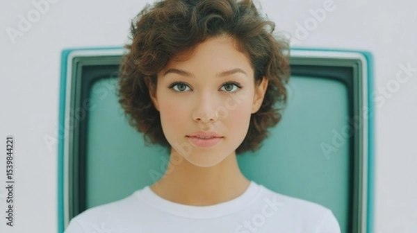 Obraz portrait of person with retro television background softly blurred