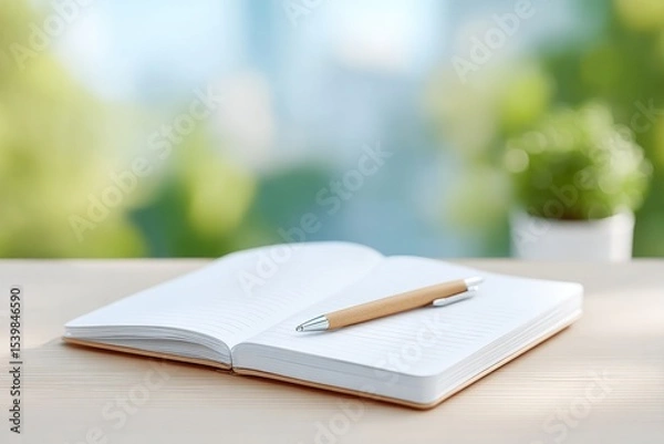 Fototapeta simple wooden desk with single open notebook and pen placed centrally on sunlit surface