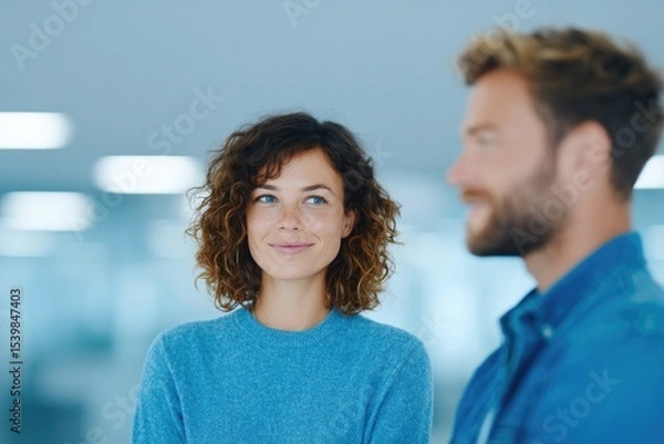 Obraz two colleagues exchanging ideas across sleek minimalistic office table showcasing diverse communication methods in