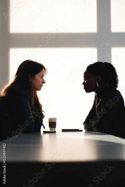 Obraz two diverse individuals sit across from each other at sleek minimalistic coffee table their smartphones on table engaged