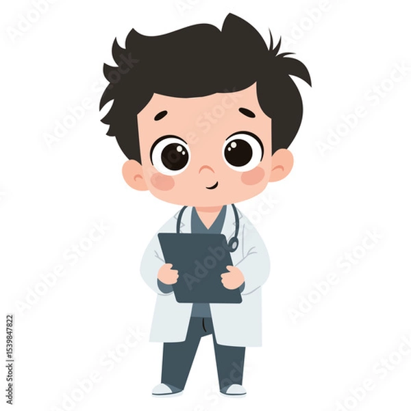 Obraz Cute baby boy in doctor costume holding a tablet. Flat vector illustration in simple child style on white background. Vector illustration