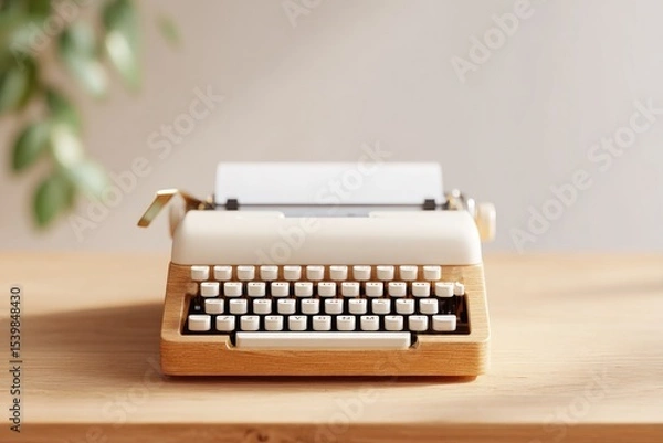 Obraz vintage typewriter on bare wooden desk beneath soft natural light