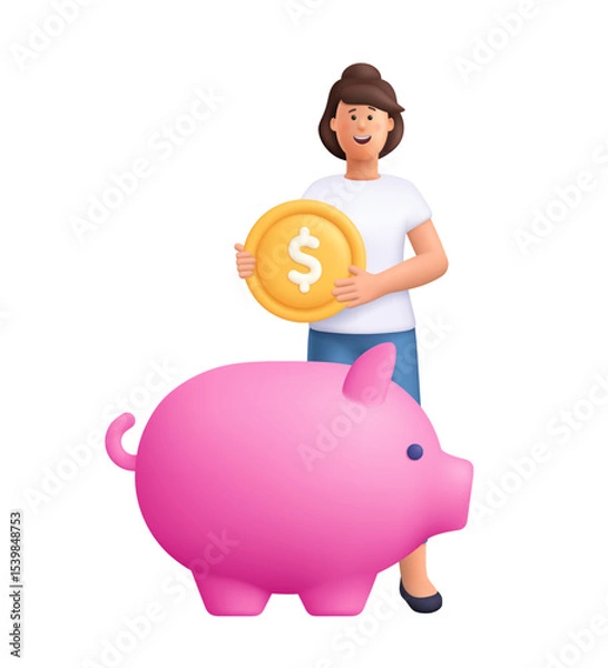 Obraz Woman Jane holding a large gold coin with a dollar sign, standing next to a big pink piggy bank. Personal finance, financial planning concept. 3d vector people character. Cartoon minimal style.