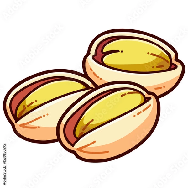 Obraz Three pistachio nuts in shells isolated on white background, hand drawn doodle cartoon clip art, isolated clean and simple vector illustration