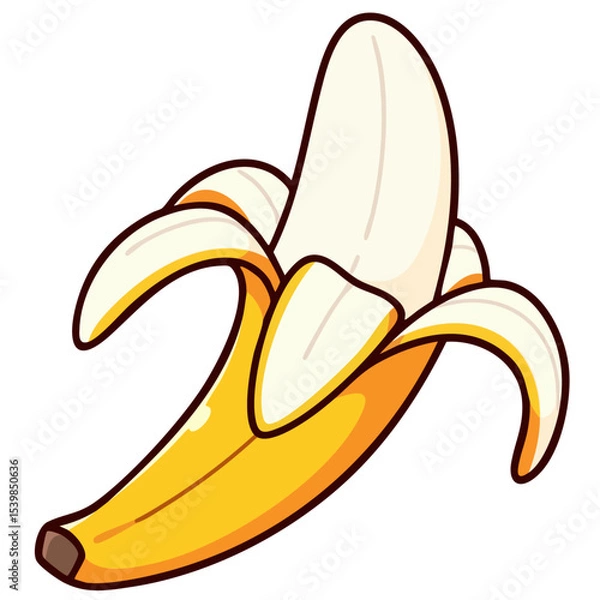 Obraz Whole ripe banana, half peeled, doodle cartoon clip art, isolated clean and simple vector illustration