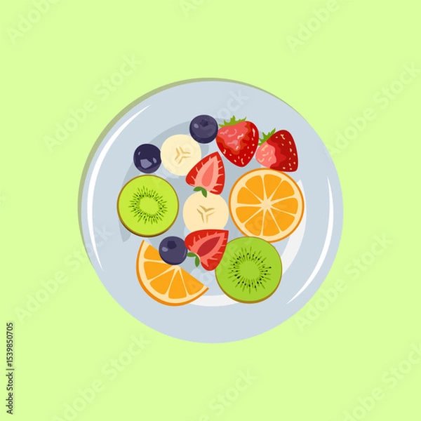 Fototapeta Vector illustration with fruit salad in a plate.