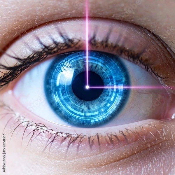 Fototapeta Extreme Close-Up of Futuristic Digital Human Eye with Laser Pupil