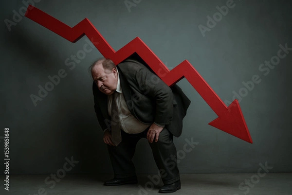 Fototapeta Overburdened businessman in a suit carries a heavy red downward arrow on his back, symbolizing financial crisis, recession, failure, or economic decline.