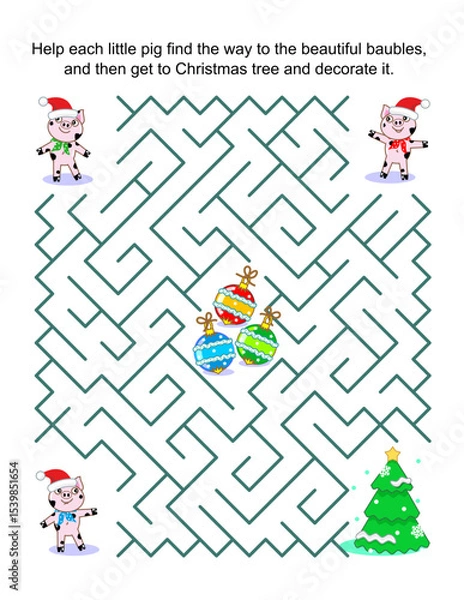 Fototapeta Help the little pigs get to the christmas tree and decorate it. Winter, holidays, Christmas or New Year maze game:
