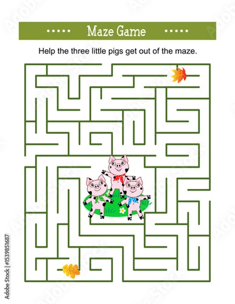 Fototapeta Maze game: Can you help the three little pigs get out of the maze? Answer included.
