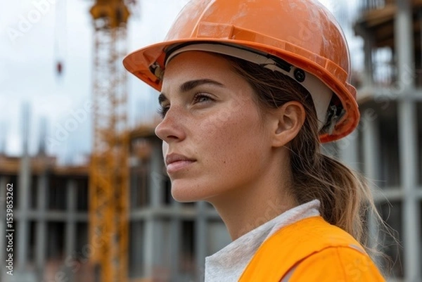 Obraz Female Skilled Worker Operating Crane at Urban Building Project